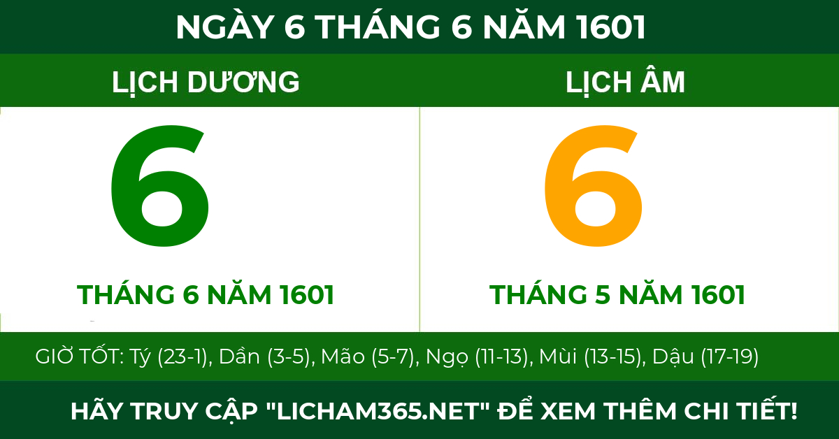lịch âm ngày 6 tháng 6 năm 1601