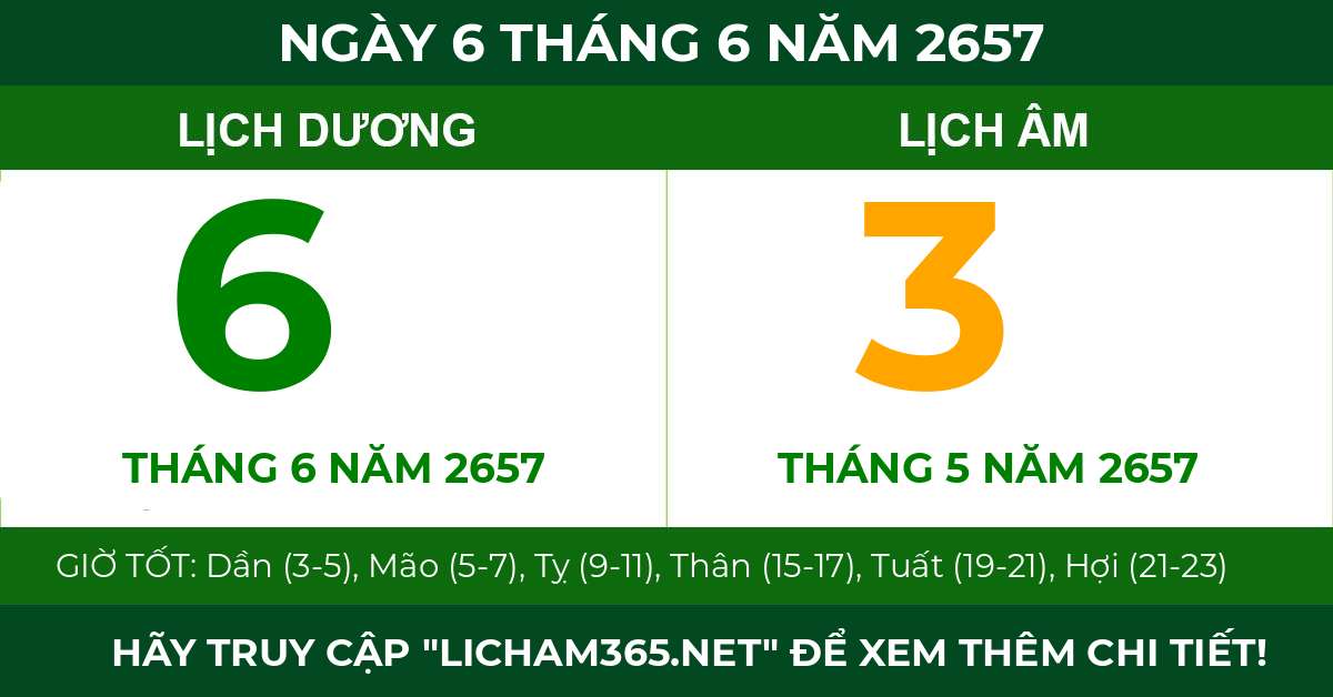 lịch âm ngày 6 tháng 6 năm 2657