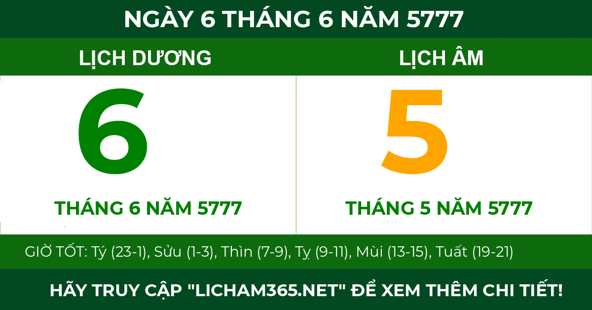 lịch âm ngày 6 tháng 6 năm 5777
