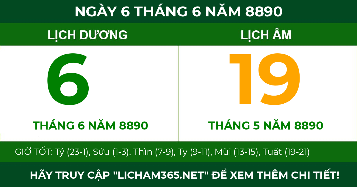 lịch âm ngày 6 tháng 6 năm 8890