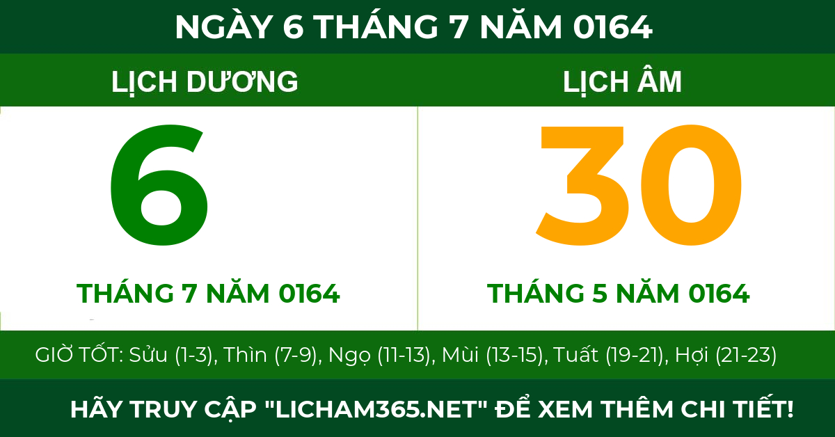 lịch âm ngày 6 tháng 7 năm 0164