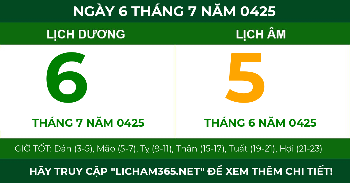 lịch âm ngày 6 tháng 7 năm 0425