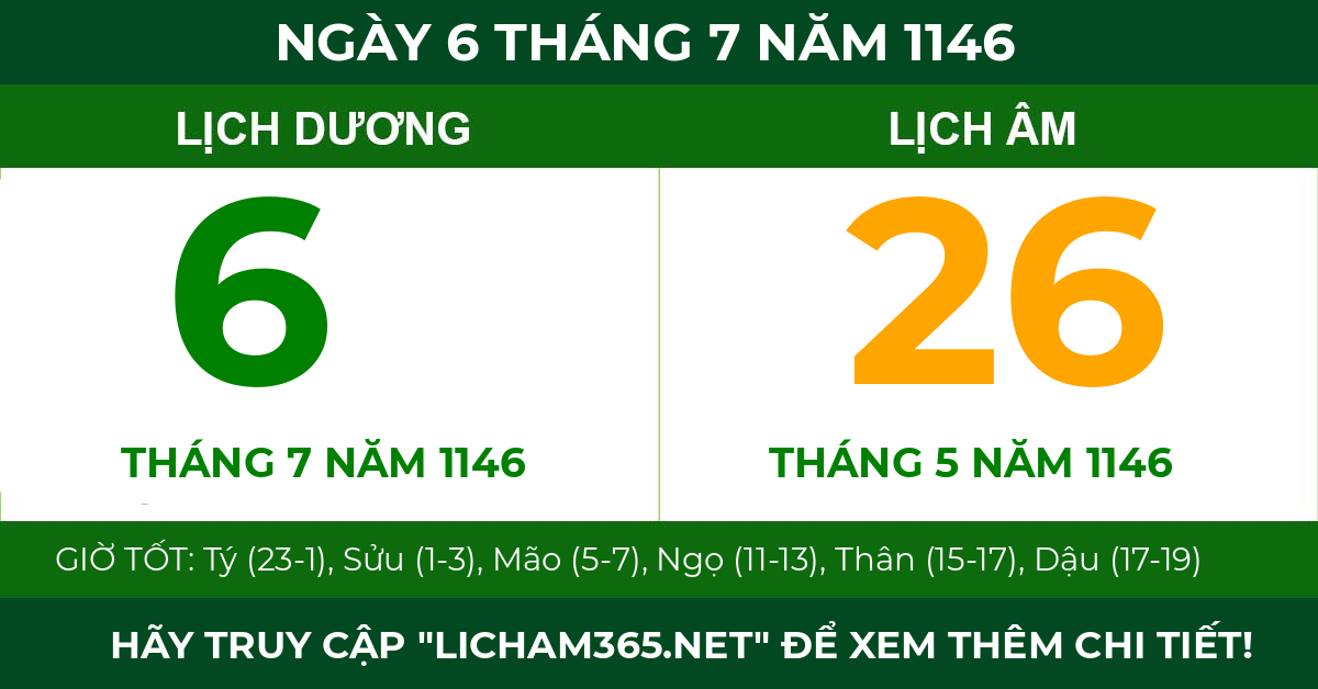 lịch âm ngày 6 tháng 7 năm 1146