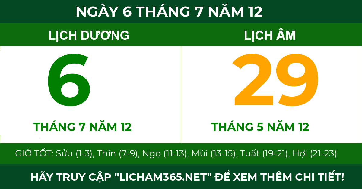 lịch âm ngày 6 tháng 7 năm 12
