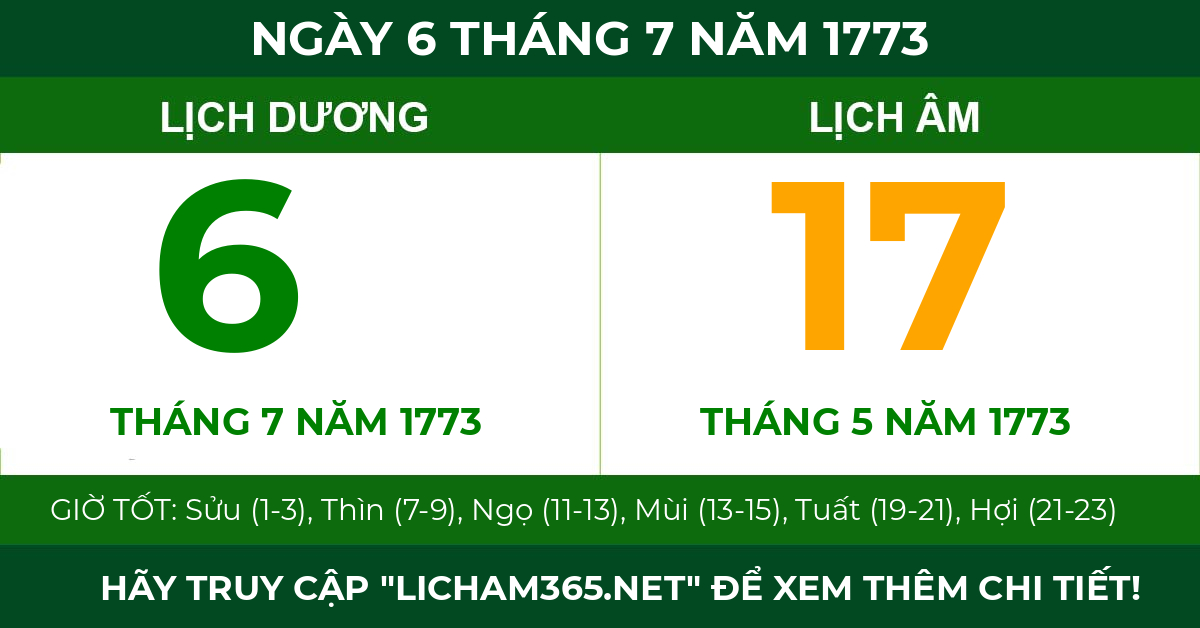 lịch âm ngày 6 tháng 7 năm 1773