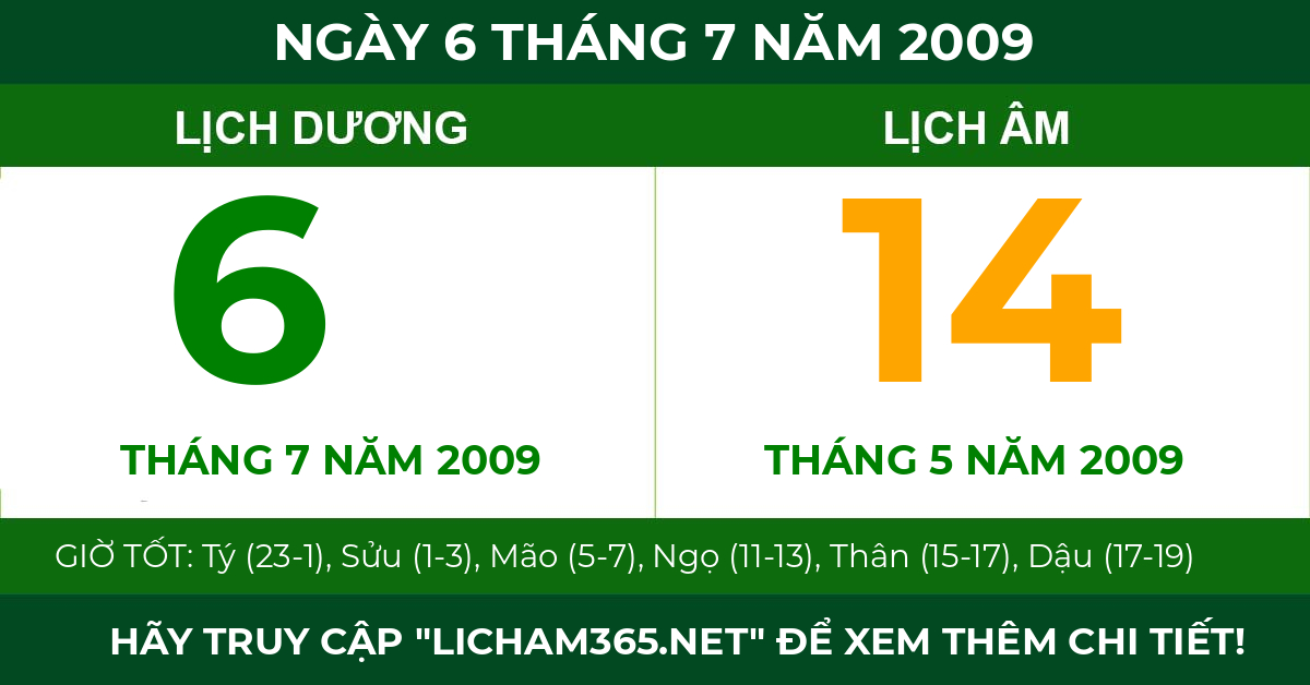 lịch âm ngày 6 tháng 7 năm 2009