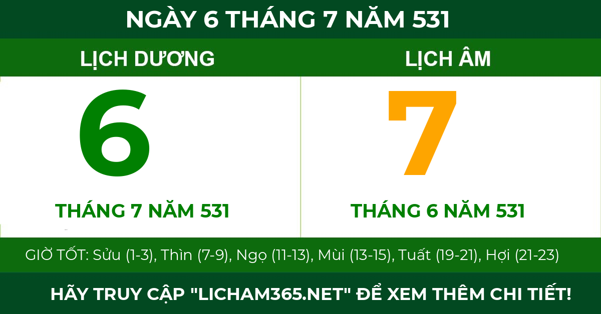 lịch âm ngày 6 tháng 7 năm 531