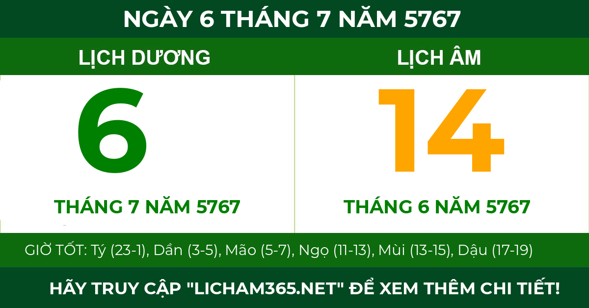 lịch âm ngày 6 tháng 7 năm 5767
