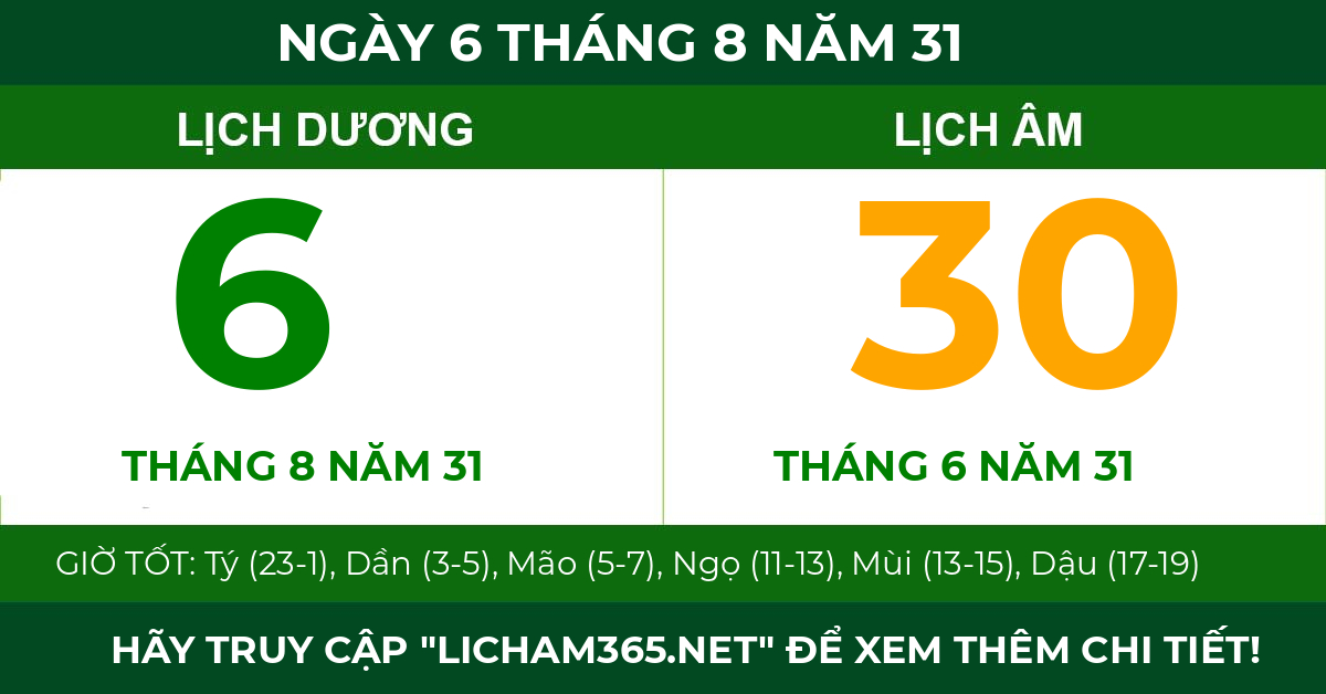 lịch âm ngày 6 tháng 8 năm 31