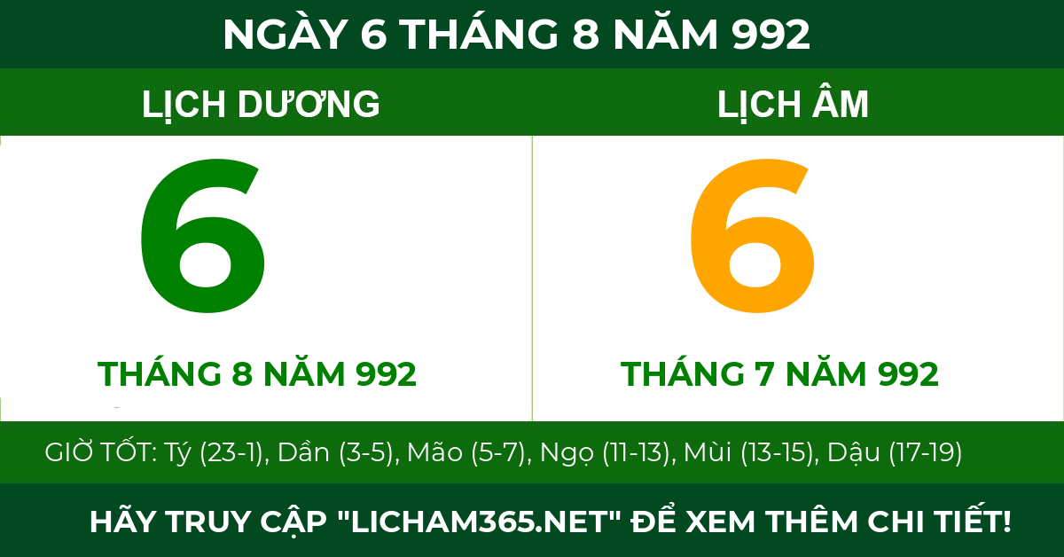 lịch âm ngày 6 tháng 8 năm 992