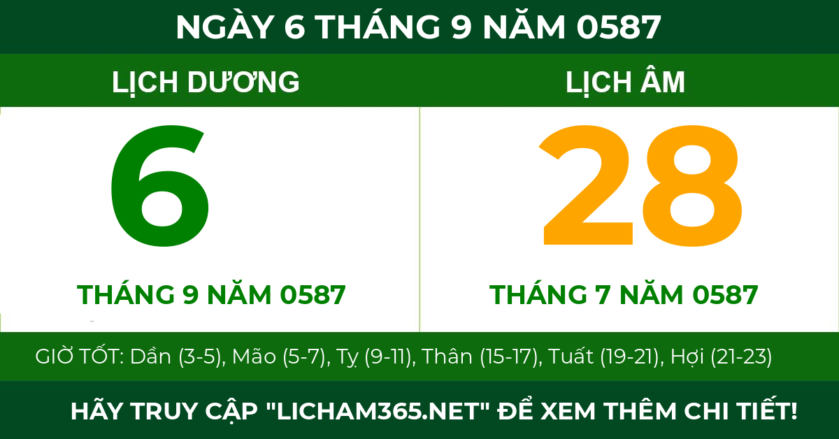 lịch âm ngày 6 tháng 9 năm 0587