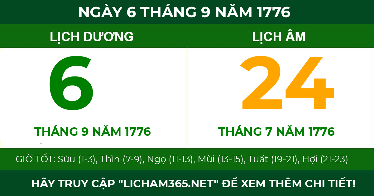 lịch âm ngày 6 tháng 9 năm 1776