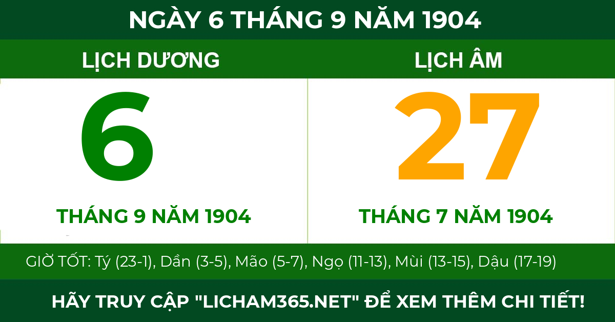 lịch âm ngày 6 tháng 9 năm 1904