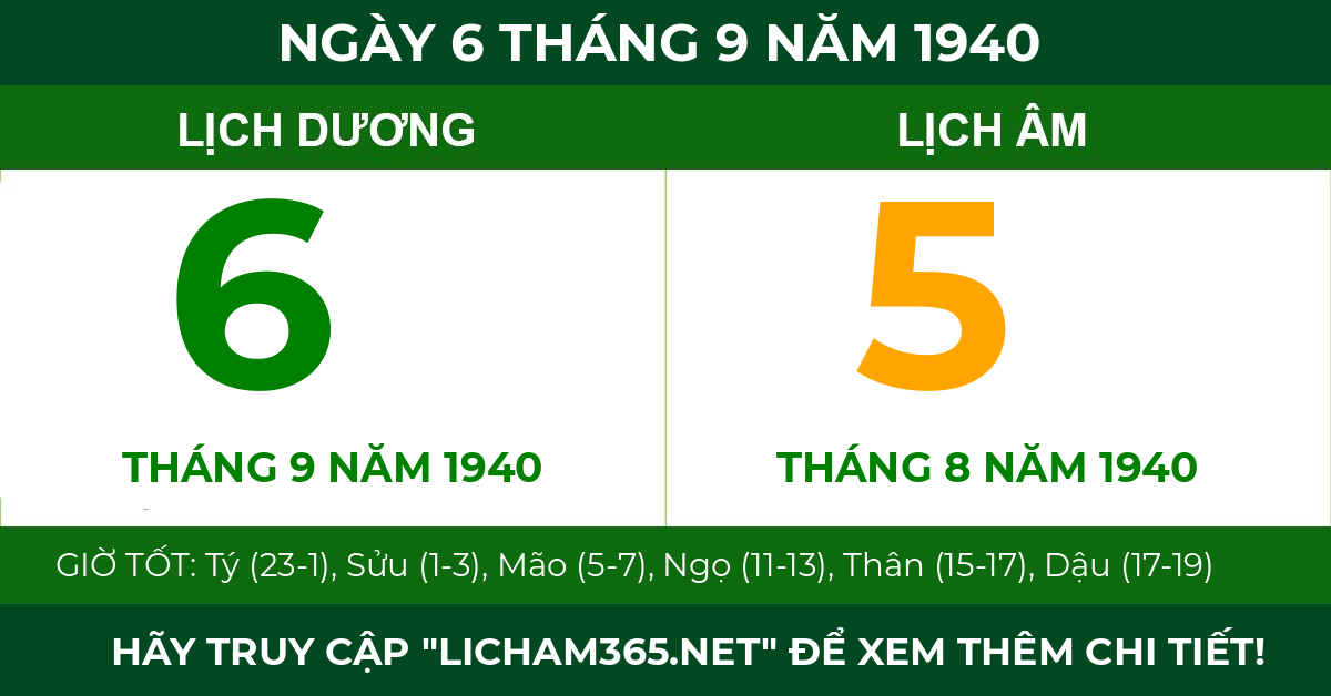 lịch âm ngày 6 tháng 9 năm 1940