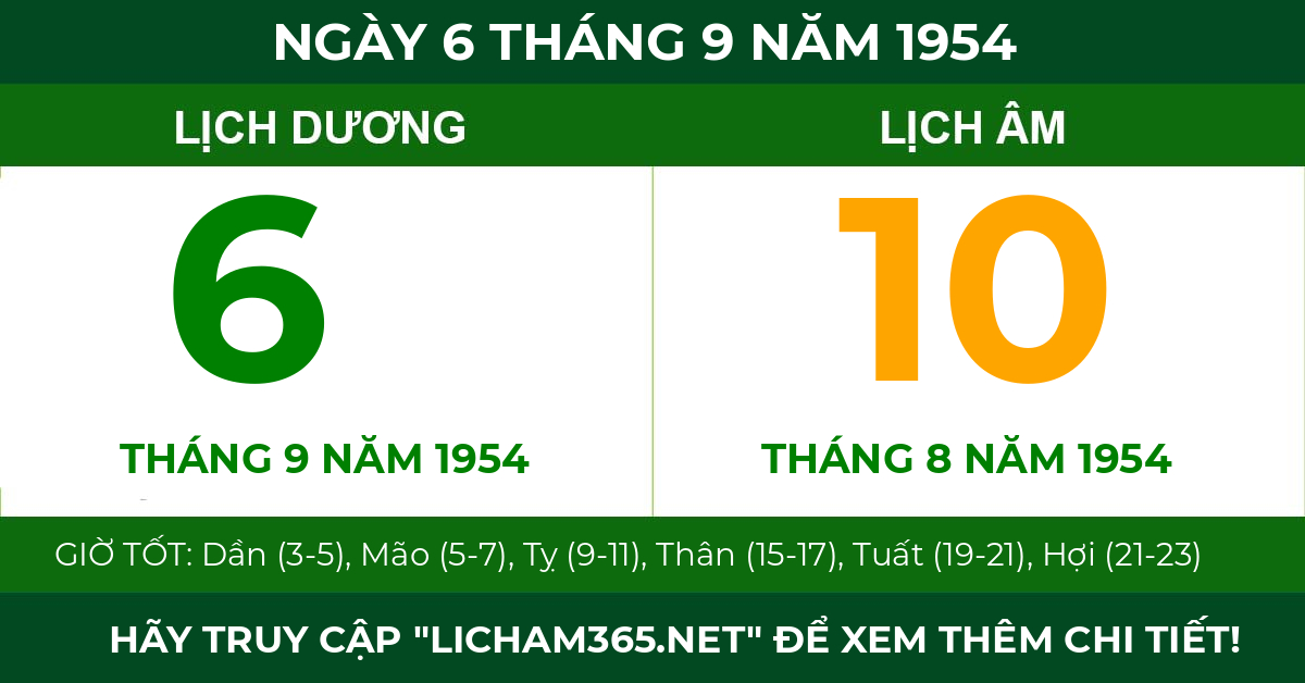 lịch âm ngày 6 tháng 9 năm 1954