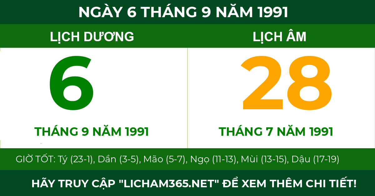 lịch âm ngày 6 tháng 9 năm 1991