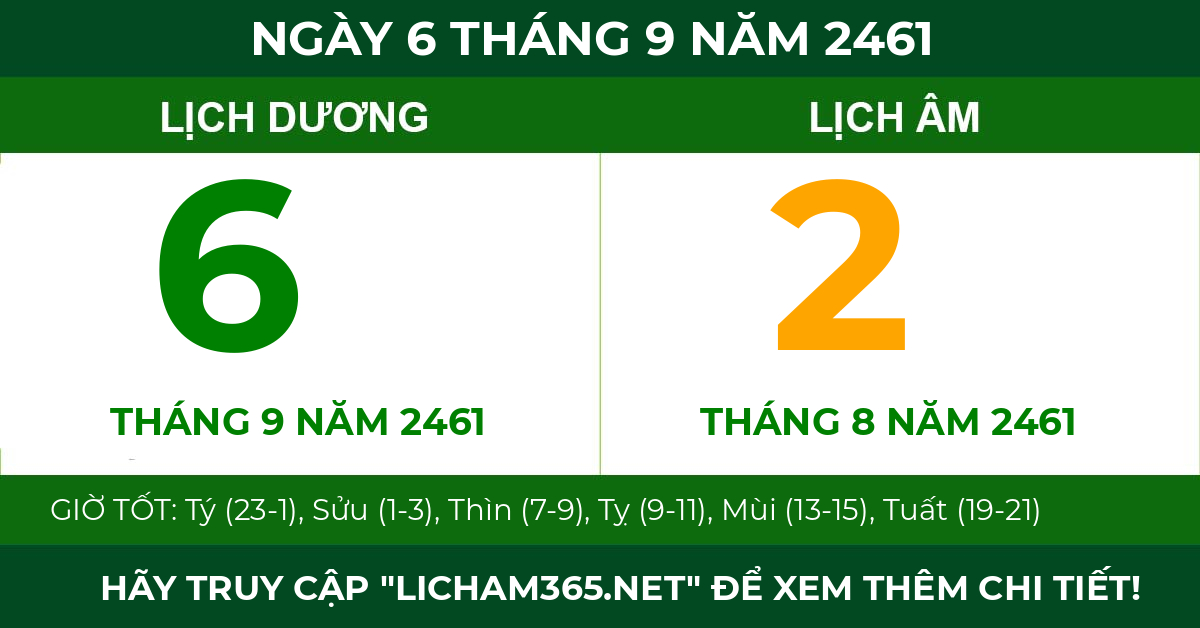 lịch âm ngày 6 tháng 9 năm 2461