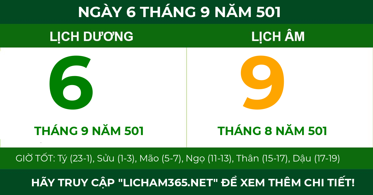 lịch âm ngày 6 tháng 9 năm 501