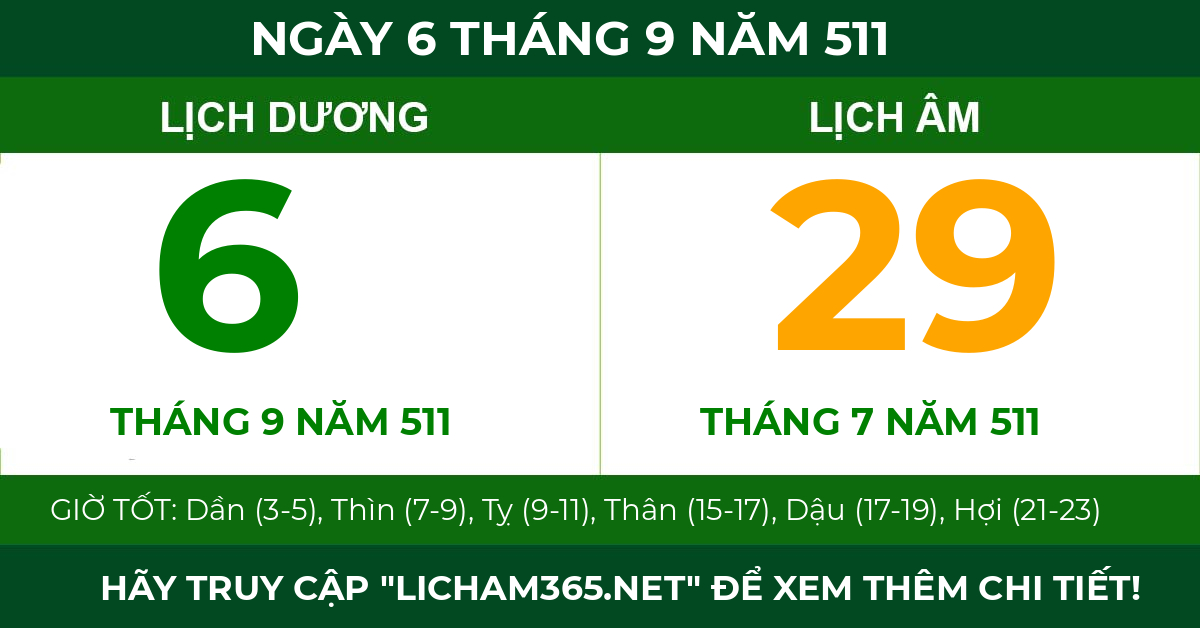 lịch âm ngày 6 tháng 9 năm 511