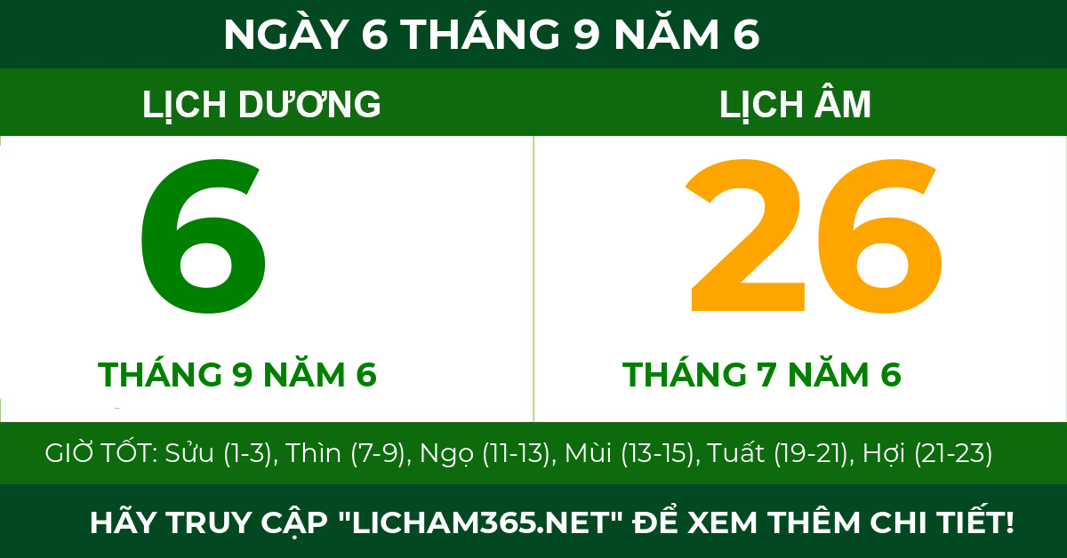 lịch âm ngày 6 tháng 9 năm 6