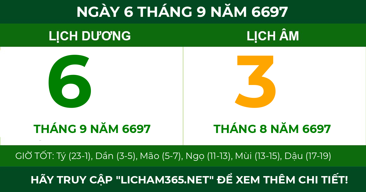 lịch âm ngày 6 tháng 9 năm 6697