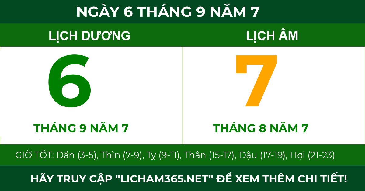 lịch âm ngày 6 tháng 9 năm 7
