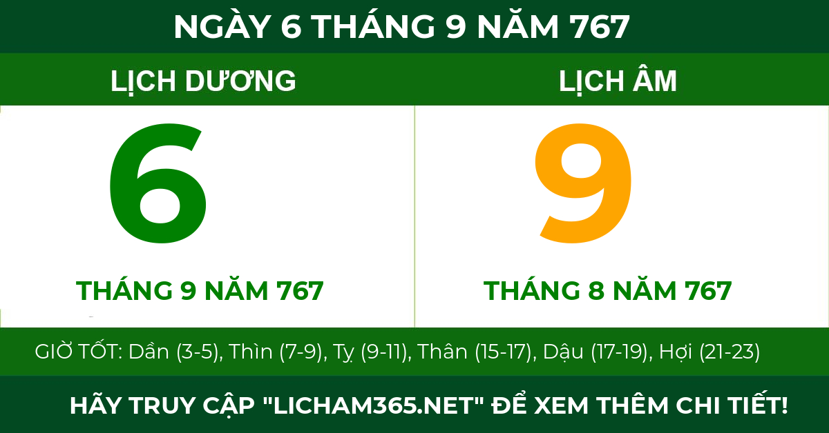 lịch âm ngày 6 tháng 9 năm 767
