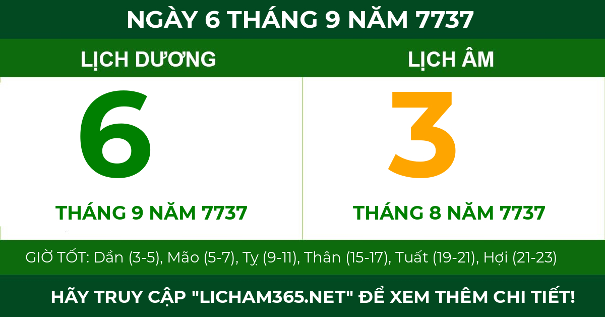 lịch âm ngày 6 tháng 9 năm 7737