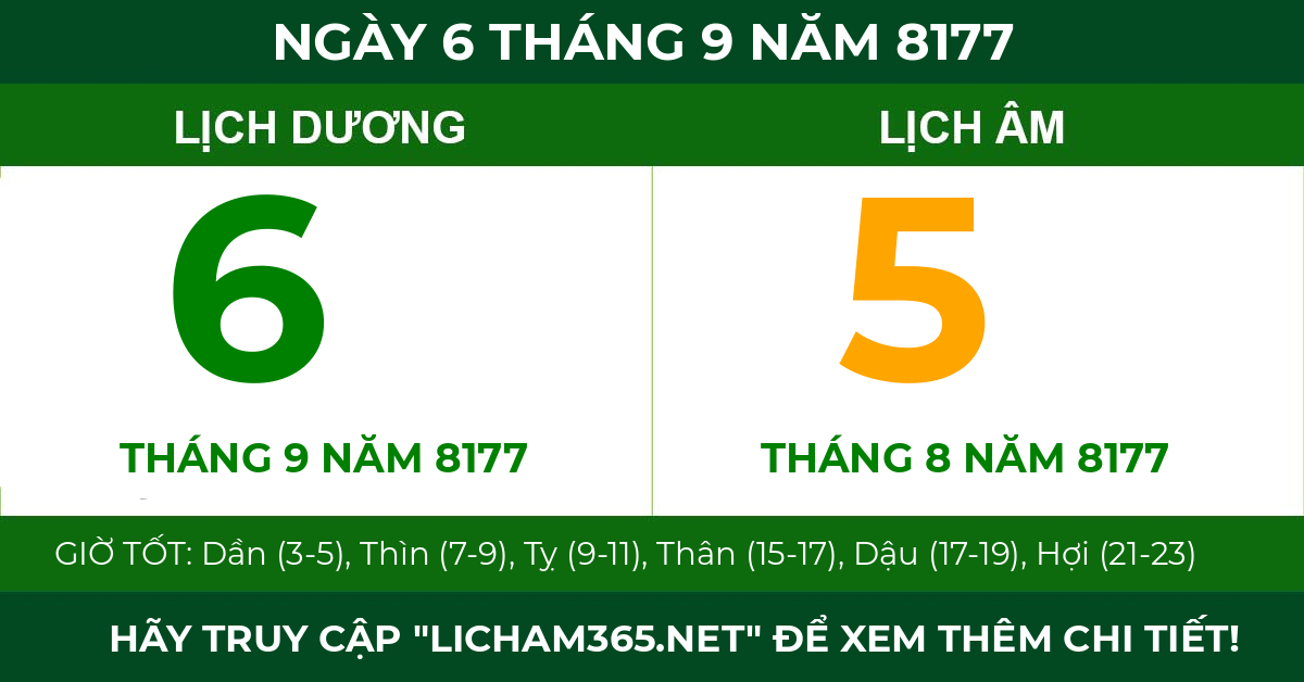lịch âm ngày 6 tháng 9 năm 8177
