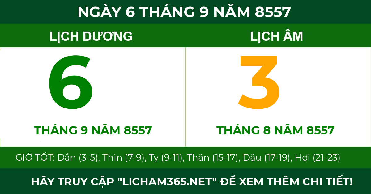 lịch âm ngày 6 tháng 9 năm 8557