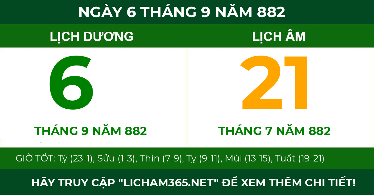 lịch âm ngày 6 tháng 9 năm 882