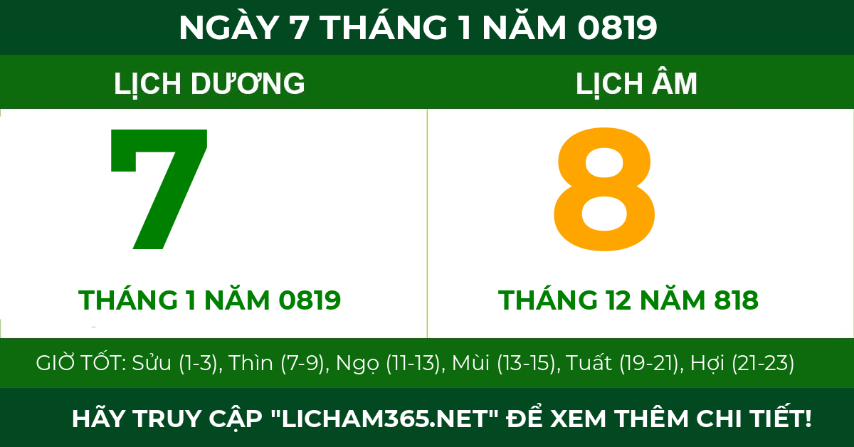 lịch âm ngày 7 tháng 1 năm 0819