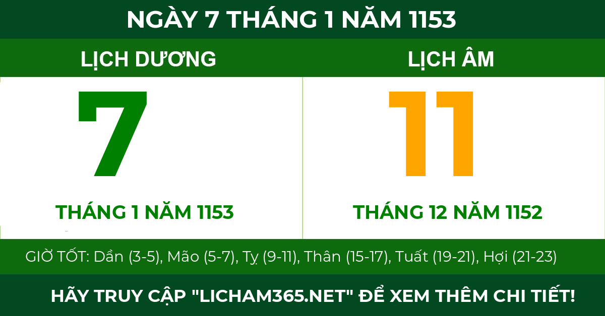 lịch âm ngày 7 tháng 1 năm 1153