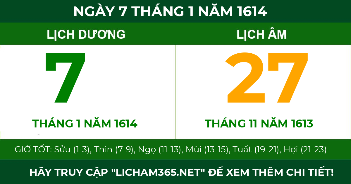 lịch âm ngày 7 tháng 1 năm 1614
