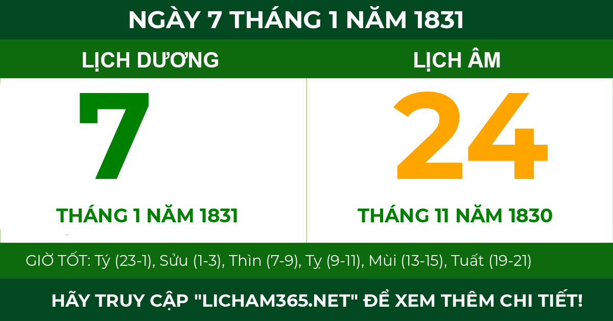 lịch âm ngày 7 tháng 1 năm 1831