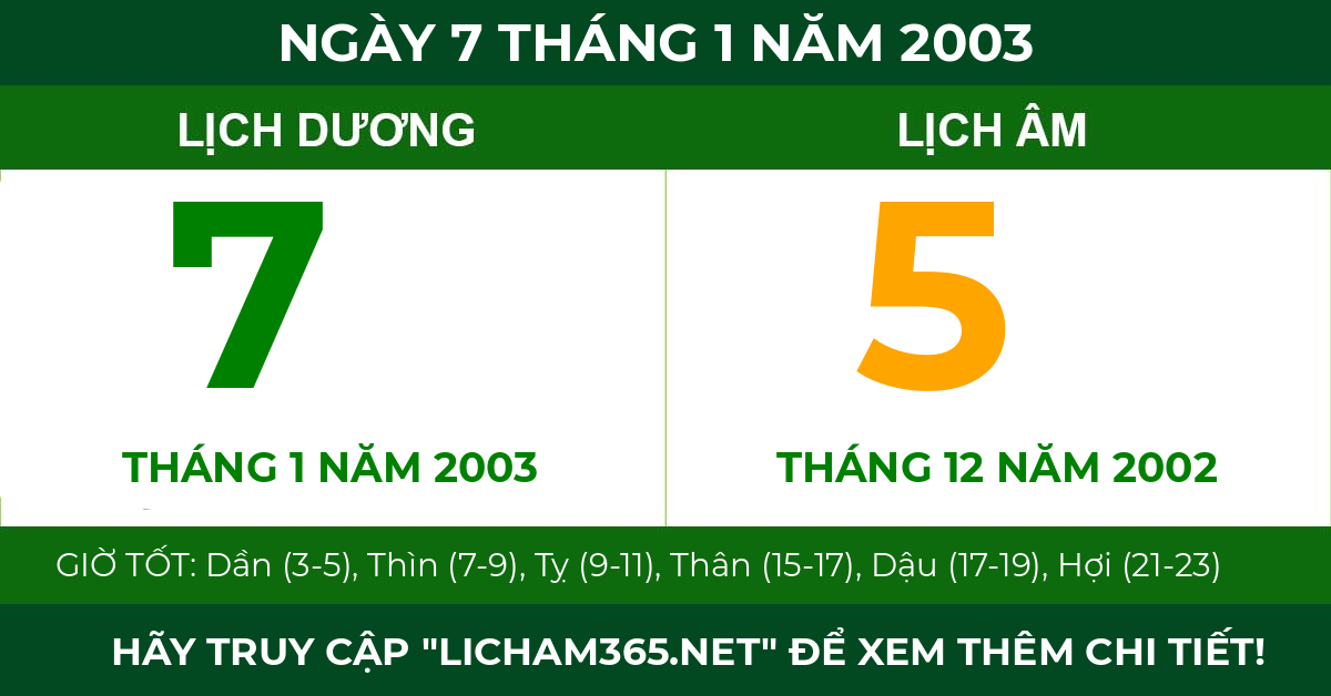 lịch âm ngày 7 tháng 1 năm 2003
