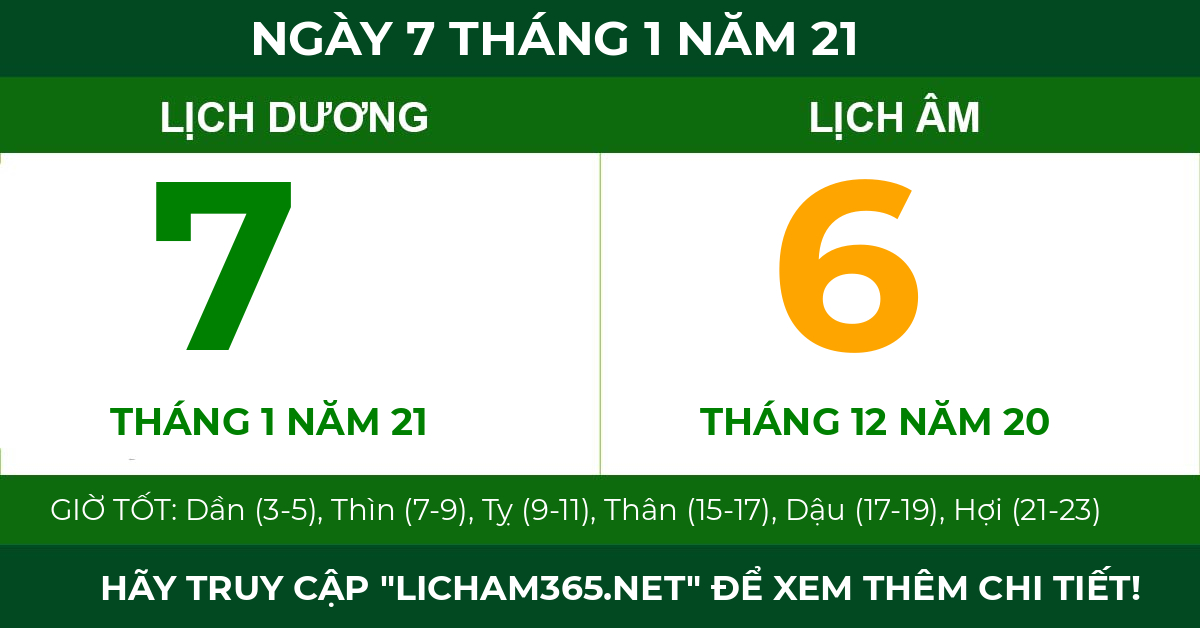 lịch âm ngày 7 tháng 1 năm 21