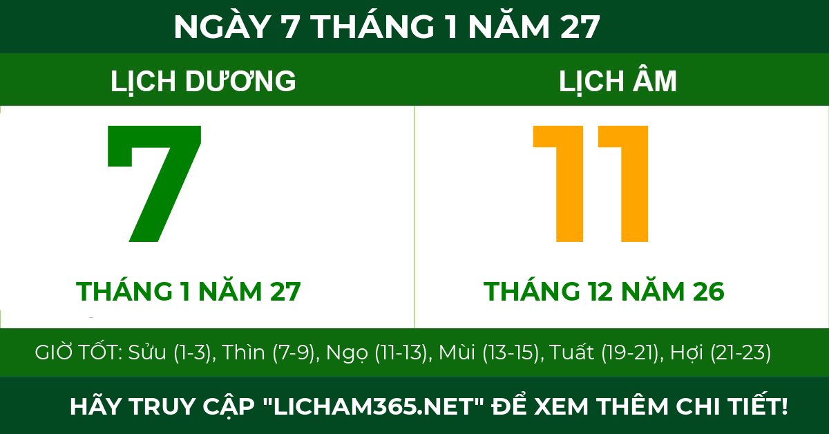 lịch âm ngày 7 tháng 1 năm 27