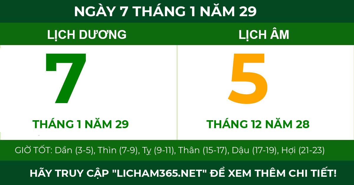 lịch âm ngày 7 tháng 1 năm 29