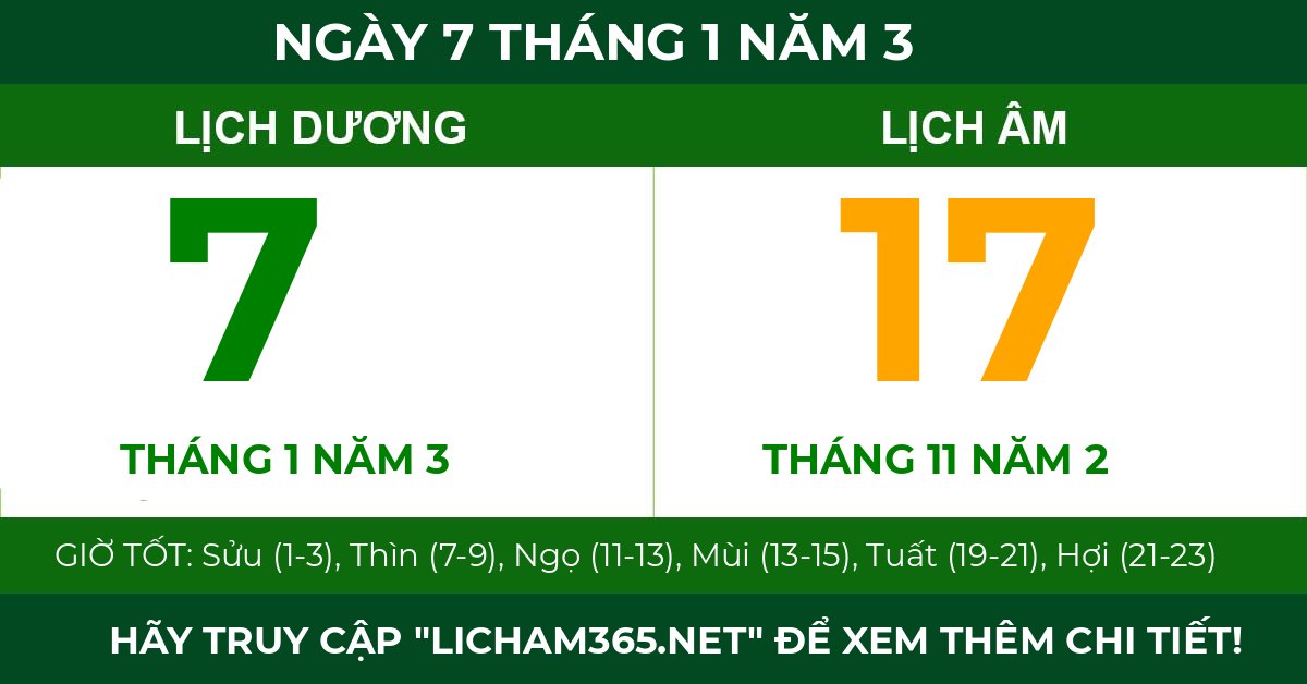lịch âm ngày 7 tháng 1 năm 3
