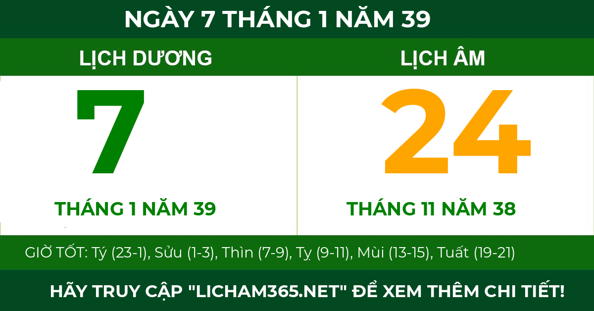 lịch âm ngày 7 tháng 1 năm 39