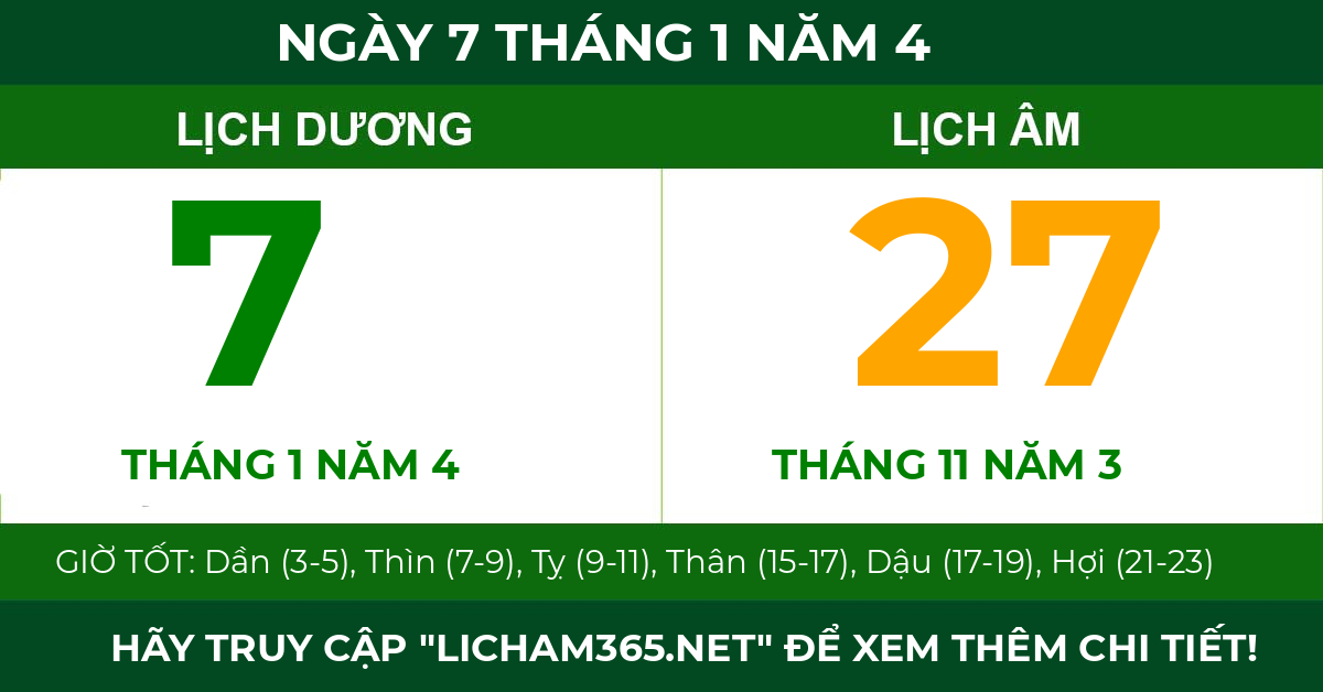 lịch âm ngày 7 tháng 1 năm 4