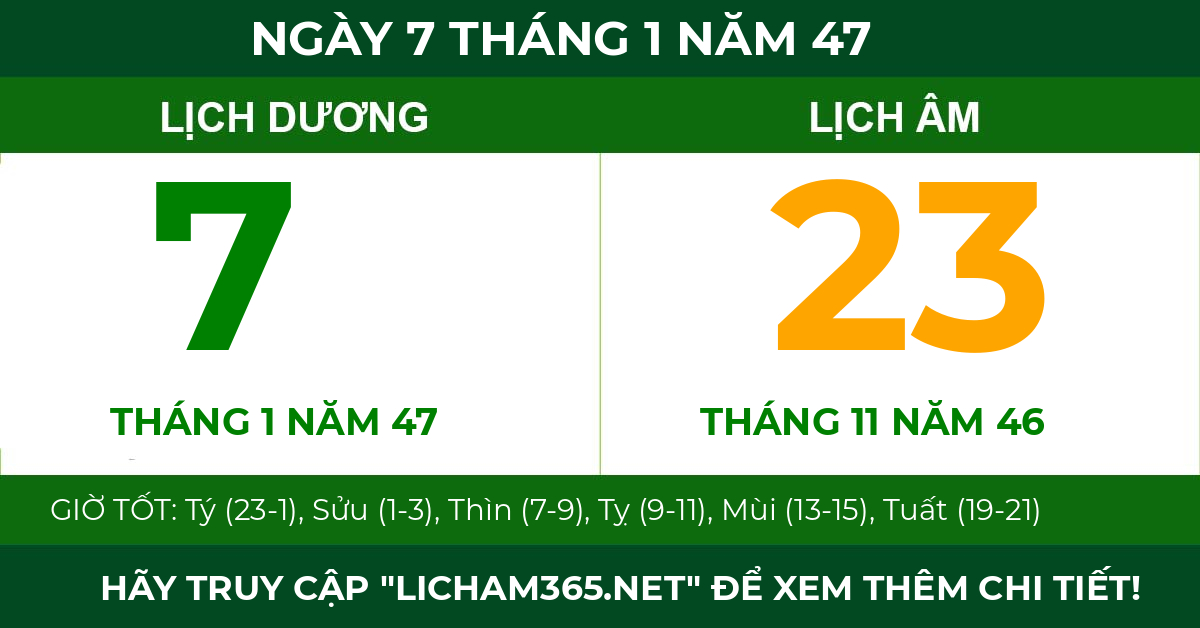 lịch âm ngày 7 tháng 1 năm 47