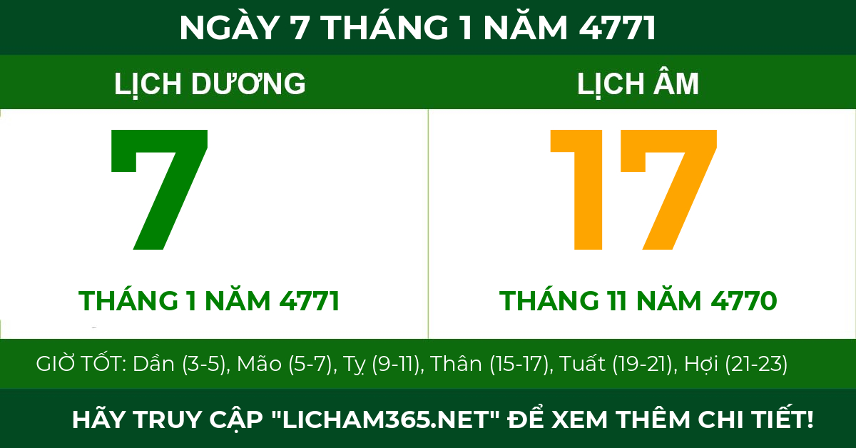 lịch âm ngày 7 tháng 1 năm 4771