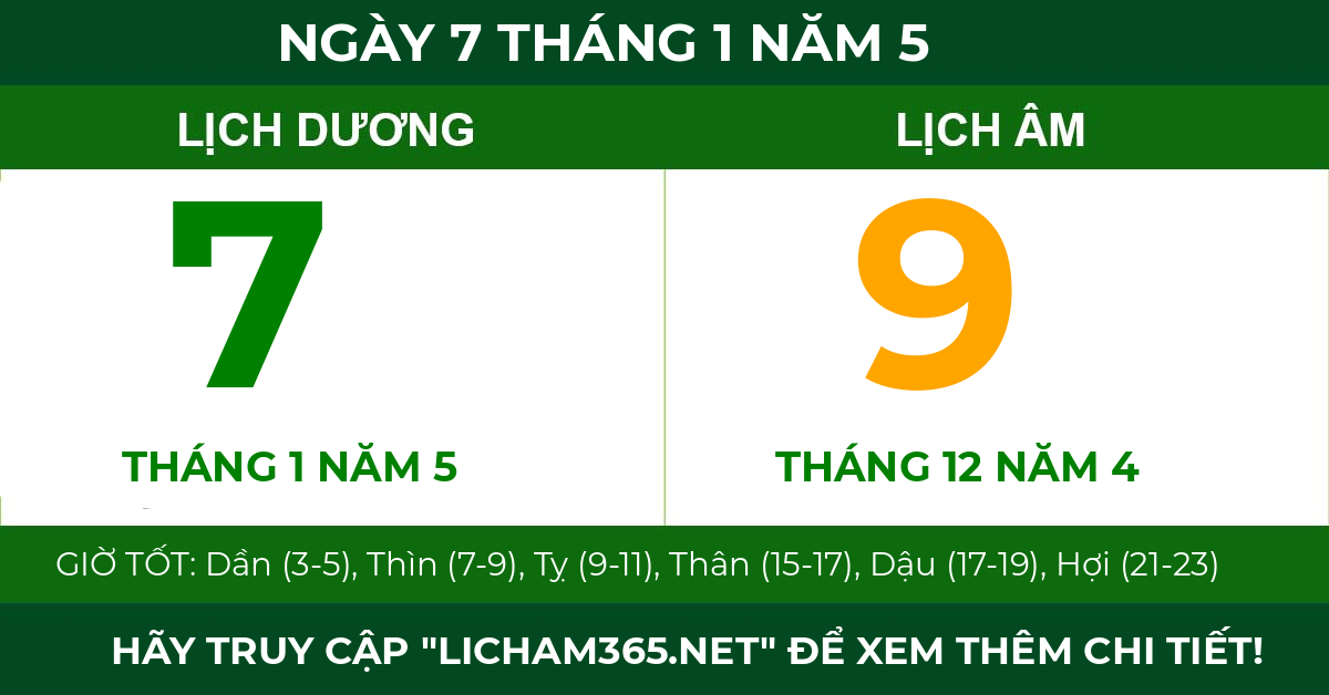 lịch âm ngày 7 tháng 1 năm 5