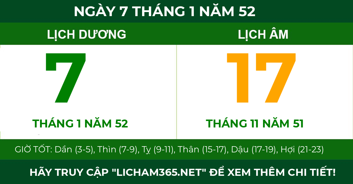 lịch âm ngày 7 tháng 1 năm 52