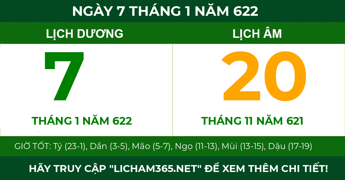 lịch âm ngày 7 tháng 1 năm 622