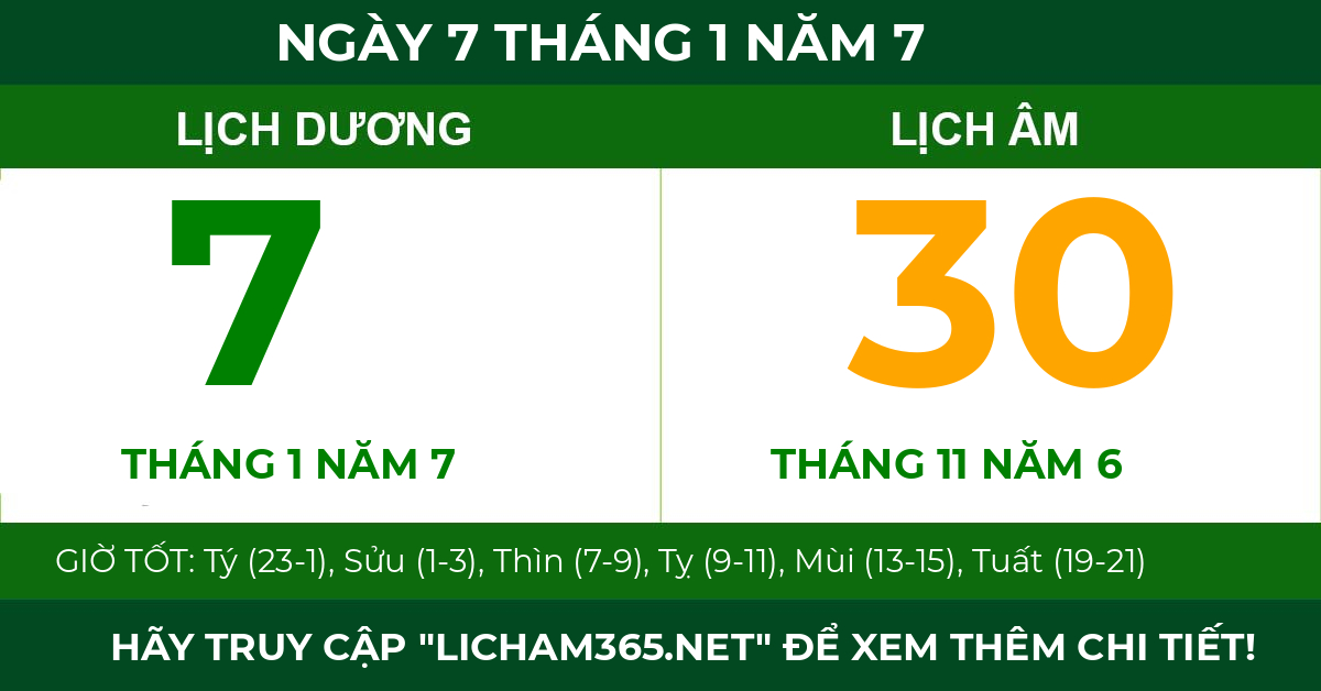 lịch âm ngày 7 tháng 1 năm 7