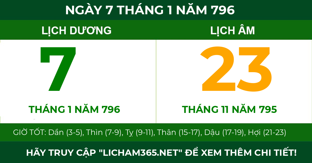 lịch âm ngày 7 tháng 1 năm 796