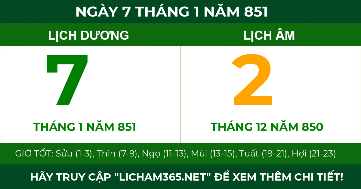lịch âm ngày 7 tháng 1 năm 851